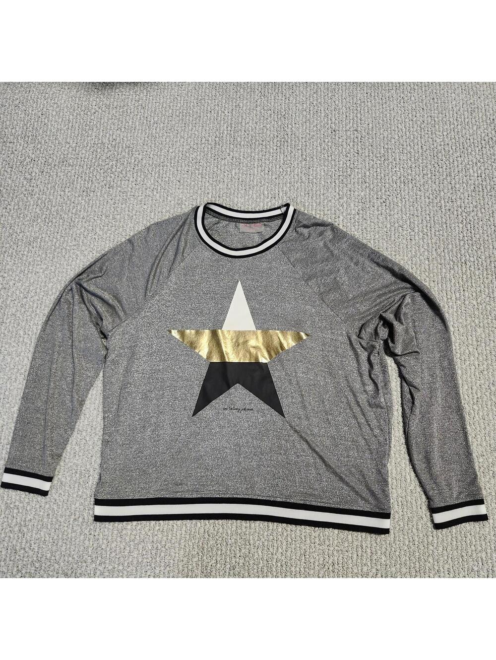 Betsey Johnson Long Sleeve Star Print Sweater Gray Black White Gold Size Large